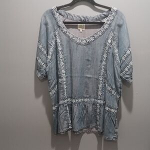 Jaded Gypsy Denim Blouse with White Floral Accents